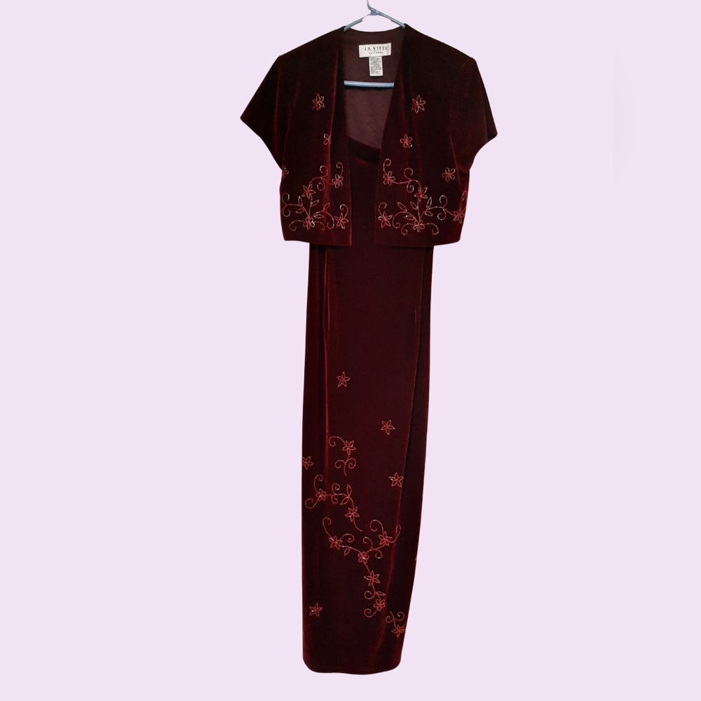90s Vintage Formal Velvet Beaded Dress and Bolero By J.R. Nites